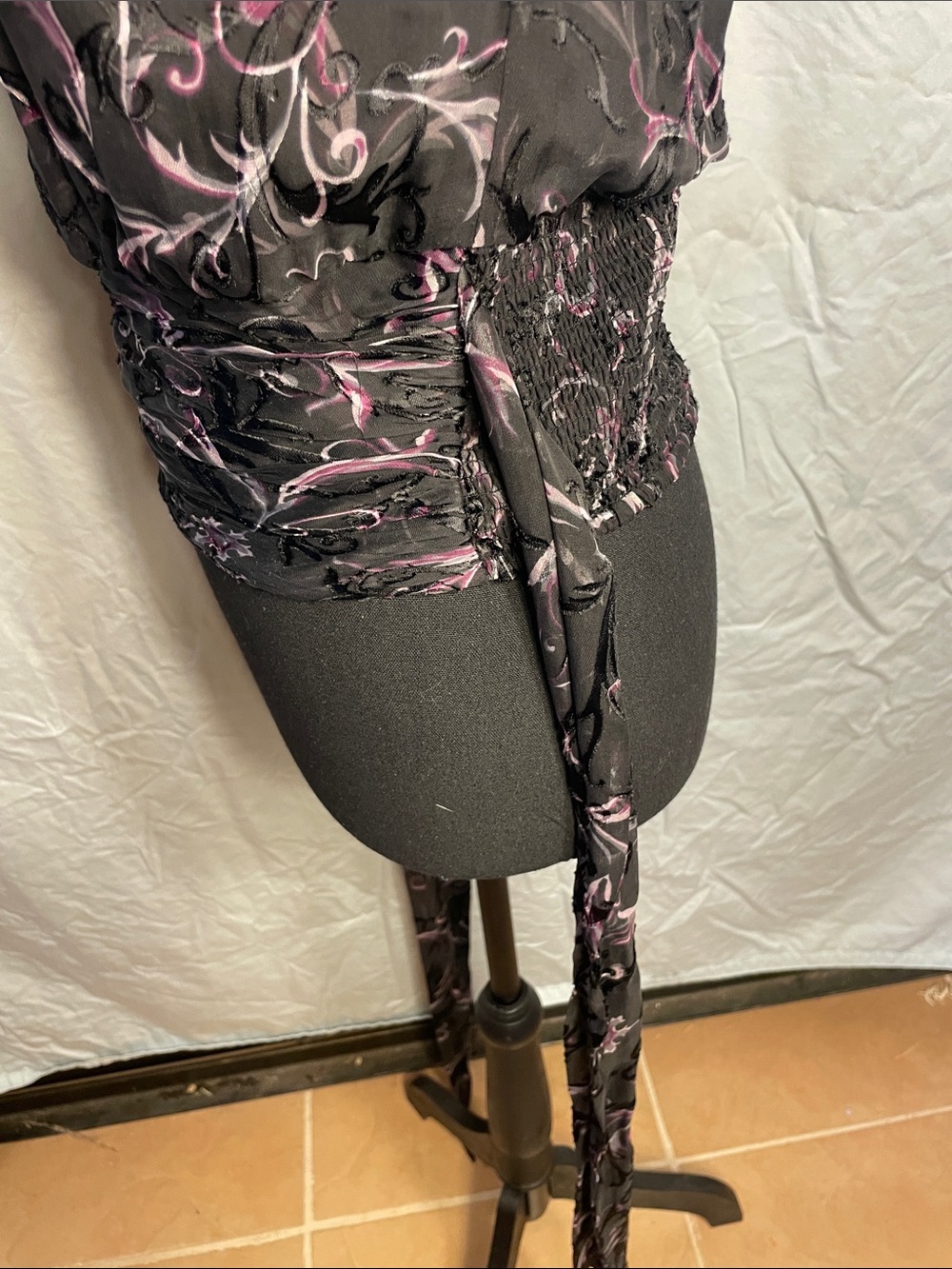 White House Black Market Black Sheer Blouse with Pink Scroll Print - Picture 11 of 12